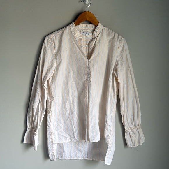 FRAME Ruffle Cuff Cotton Shirt In Light Pink Multi XS - Picture 2 of 14